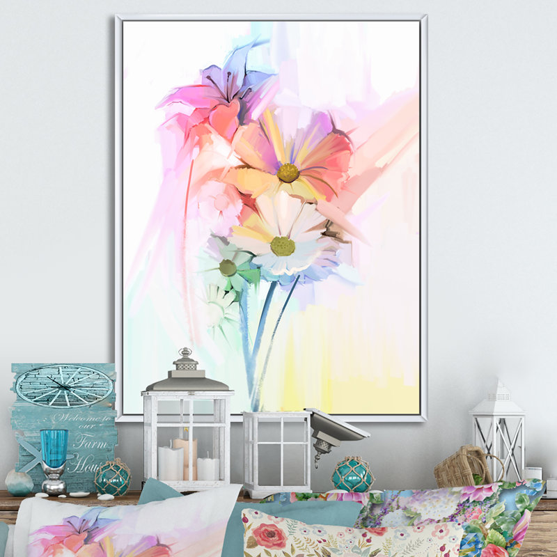 «Modern Gerbera Daisy Flower», reproduction d'art sur toile traditionnelle, H 36 po x l 24 po x P 1 po, Cadre flottant blanc
