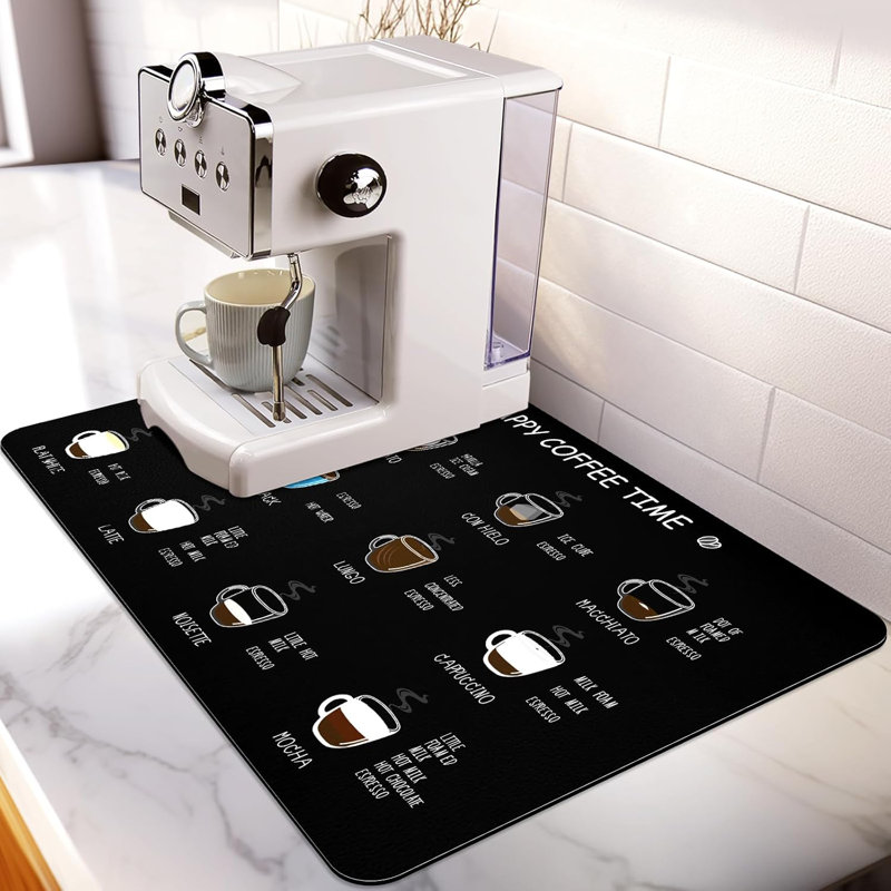 Tapis de bar à café pour comptoir, grands accessoires de station de café absorbants, tapis de séchage de vaisselle Hide Stains, envers en caoutchouc antidérapant, 16 po x 24 po, menu saveur de café