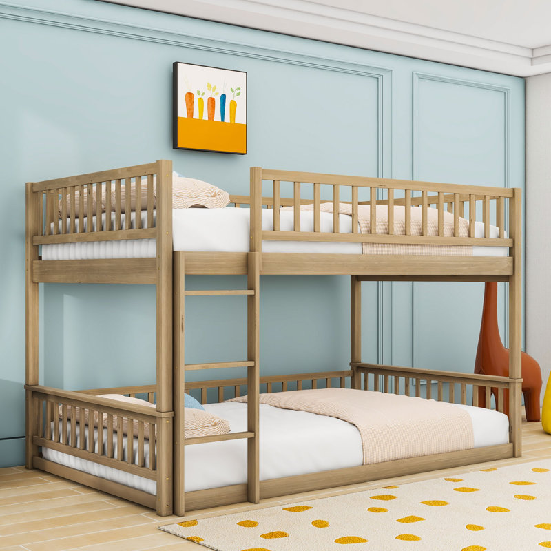 Wood Queen Over Queen Bunk Bed With Ladder And Guardrails, Splitable Into 2 Beds, Walnut