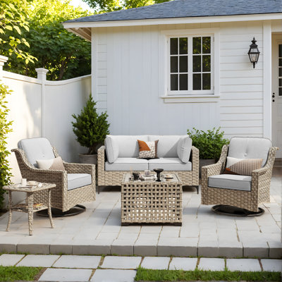 Ensemble de conversation d'extérieur en osier pour 4 personnes avec coussins et chaises berçantes pivotantes Demariea