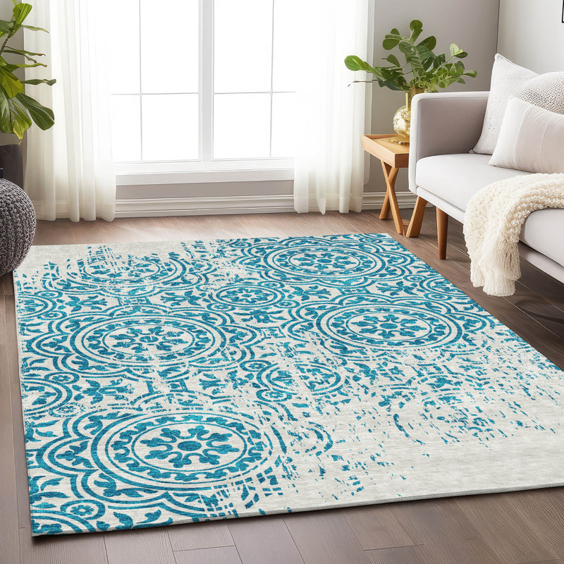 Premium Machine Washable Prisco Teal Rug, Rectangle 9' x 12'