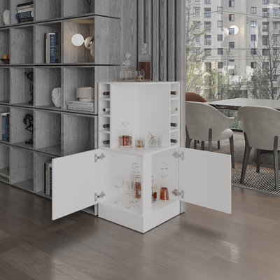 White 42" Tall Corner Cabinet - 8 Wine Bottle & Double Door Modern Bar Storage With And