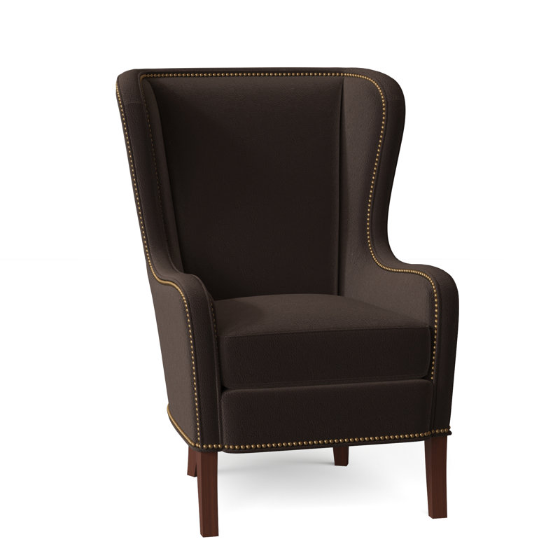 Aurora Wingback Chair, French Natural, Mahogany, Aline Light Gray Stonewash Genuine Leather