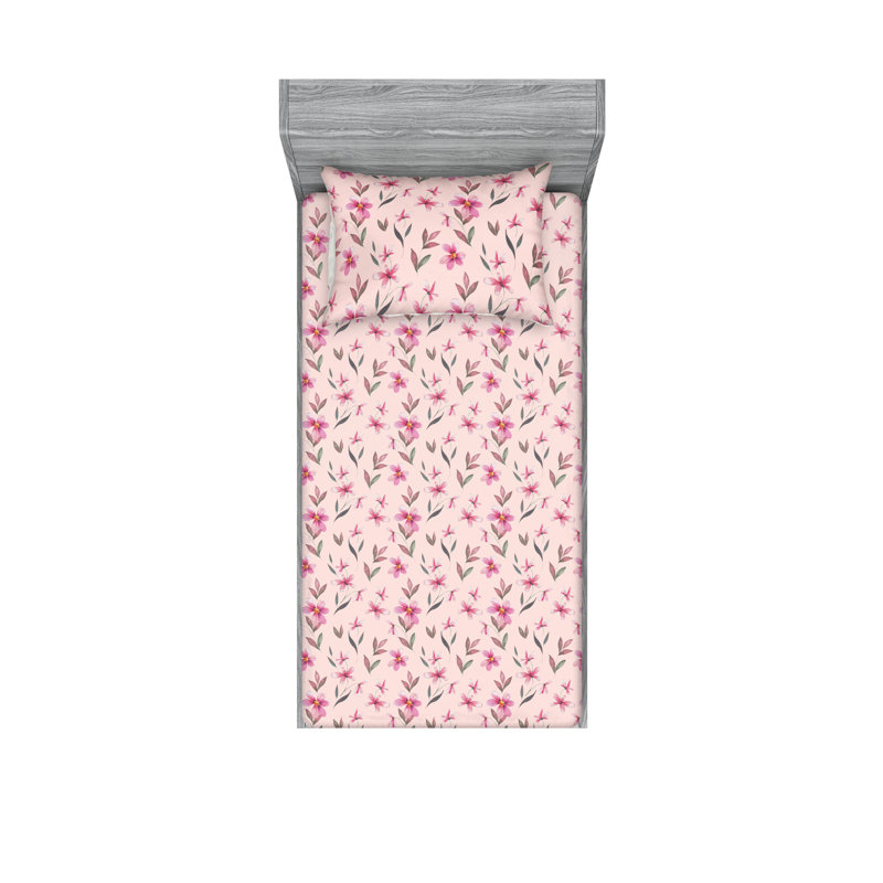 Ambesonne Fitted Sheet & Shams, Twin Sheet Set with 1 Pillowcase, Rose/Pink/Sage Green Flower