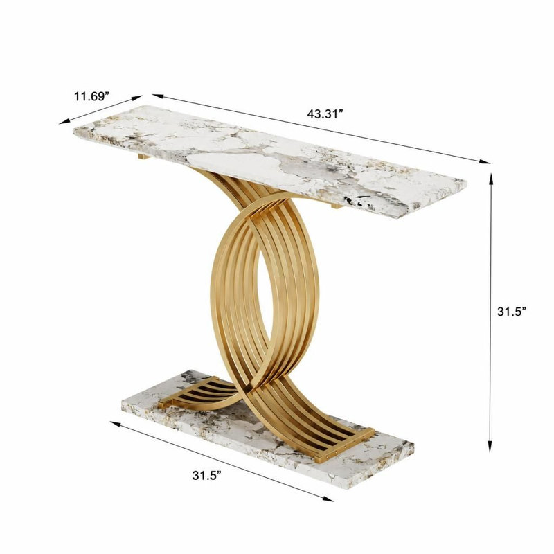 Console d'appoint moderne et luxueuse avec plateau effet pierre et piètement métallique robuste, meuble gain de place pour entrée, hall, salon, derrière un canapé, table d'exposition décorative au design géométrique.