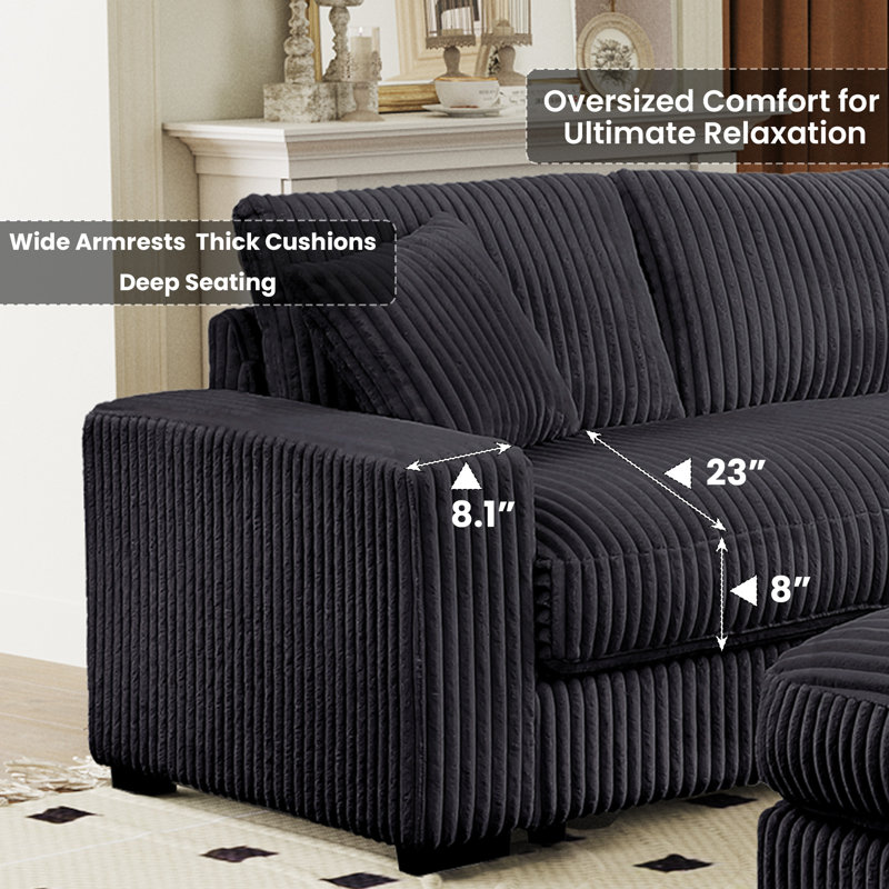 Oversized Corner Sectional Sofa With Ottoman, Corduroy Cloud Sectional Couches, Gray Corduroy