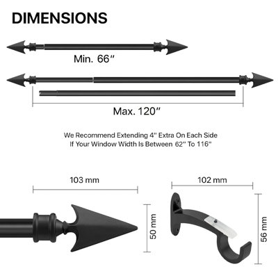  Tringles à rideaux pour fenêtres, tringle à rideaux extensible en métal robuste de 3/4 po, tringle à rideaux réglable avec fleurons décoratifs pour salon, noir mat
