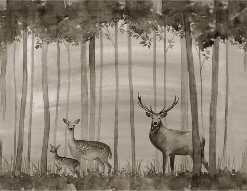«Deer Family in Trees» par Sara Brown - Peinture, H 24 po x l 32 po, Extérieur