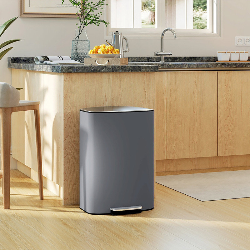 50 Liter Grey Stainless Steel Step Trash Can with Soft Close Stay Open Lid, Removable Leak Proof Inner Bucket, Odor Filter, and Carry Handle for Kitchen Home and Office Use