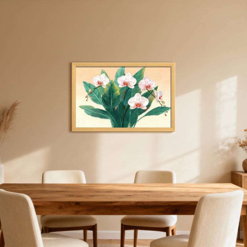 Plantes et fleurs d'orchidées avec des feuilles vertes sur fond doux, H 16 po x l 24 po, Toile tendue, Ne s’applique pas