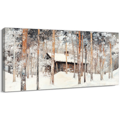Winter Christmas Cabin Canvas Wall Art, Snow Forest Canvas Painting, Rustic Winter Scene Wall Decor, Textured Canvas Prints Pictures, Holiday Poster