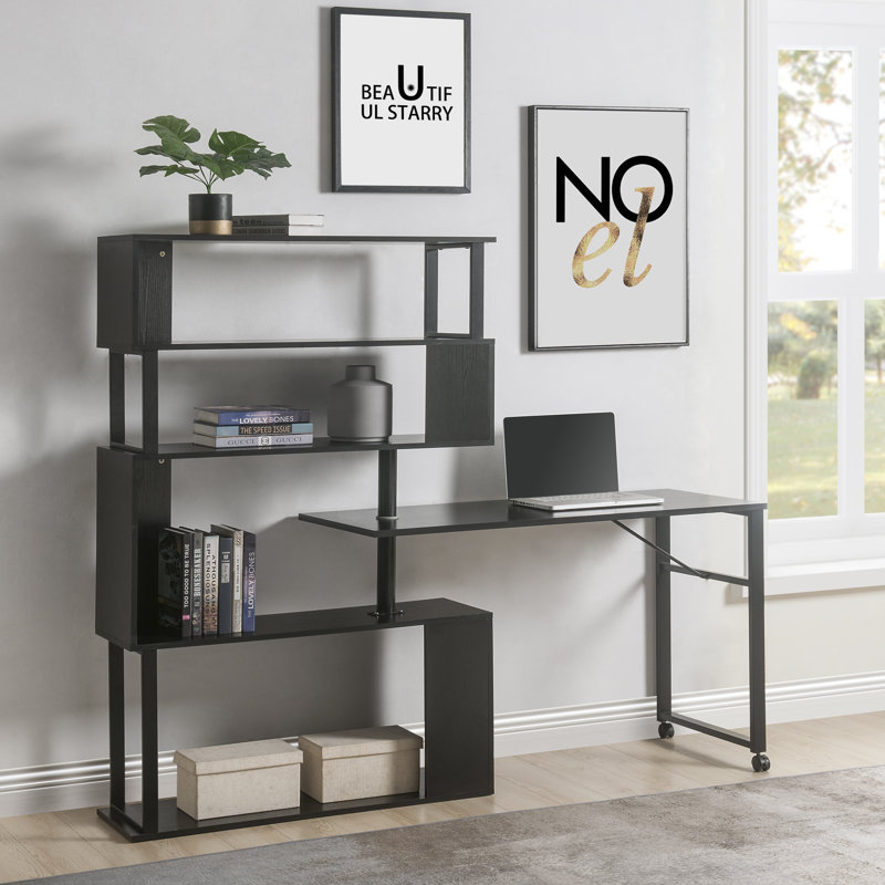  Bureau d'ordinateur en L, table d'ordinateur d'angle avec bibliothèque à 5 niveaux, roulettes verrouillables, 4 configurations, noir