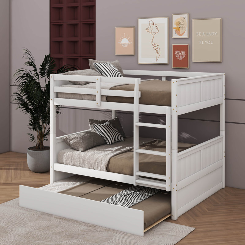Lit superposé en bois double avec lit gigogne simple, garde-corps et échelle - séparable en deux lits, Blanc