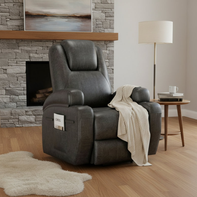 Fauteuil inclinable électrique de massage en cuir véritable, noir, conçu pour les personnes âgées