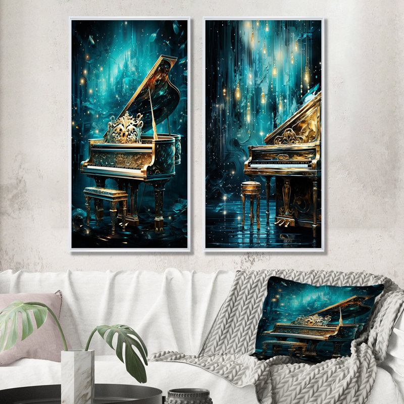 Ensemble de 2 impressions sur toile Blue Piano, Cadre blanc, H 40 po x l 41 po