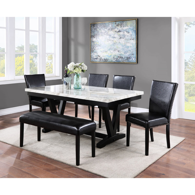 Table de salle à manger avec design moderne, plateau rectangulaire en faux marbre et base en bois noir pour 6 bases robustes, sièges