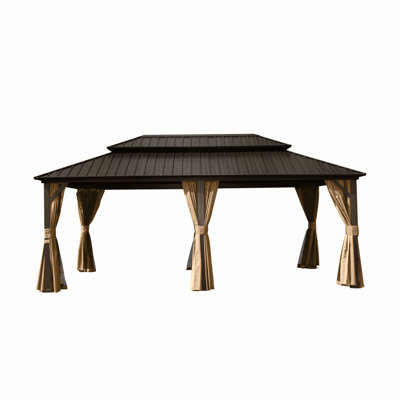 Pavillon de jardin rigide de 12 pi x 20 pi, pavillon en métal et aluminium avec double toit en acier galvanisé, rideau et filet, pavillon de pavillon permanent pour les fêtes, les mariages et les repas en plein air