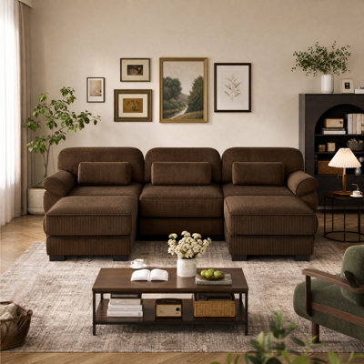 Canapé d'angle modulaire en forme de U, canapé trois places avec pouf, coussins d'assise épais et confortables, tissu velours côtelé respirant, vert pour salon, chambre ou appartement