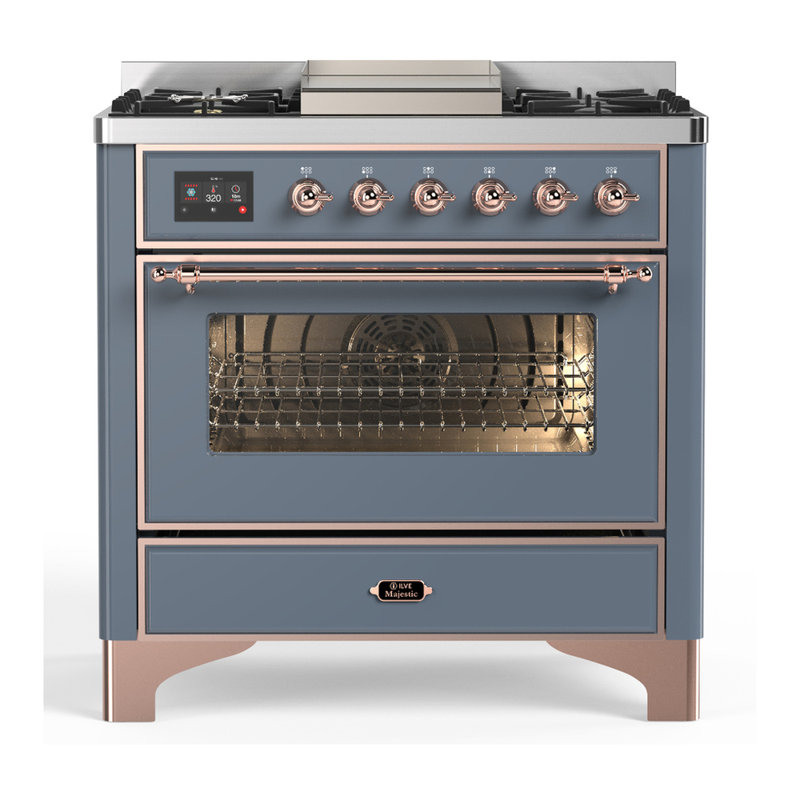 Majestic III Series 36 Inch Dual Fuel Range with 6 Sealed Burners, Griddle, in Glossy Black (Natural Gas, Brass Trim), Copper