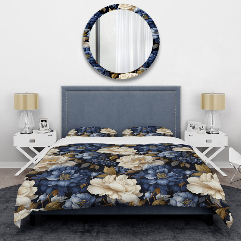 Literie à motif victorien cobalt feuillage, Housse de couette pour très grand lit et 2 très