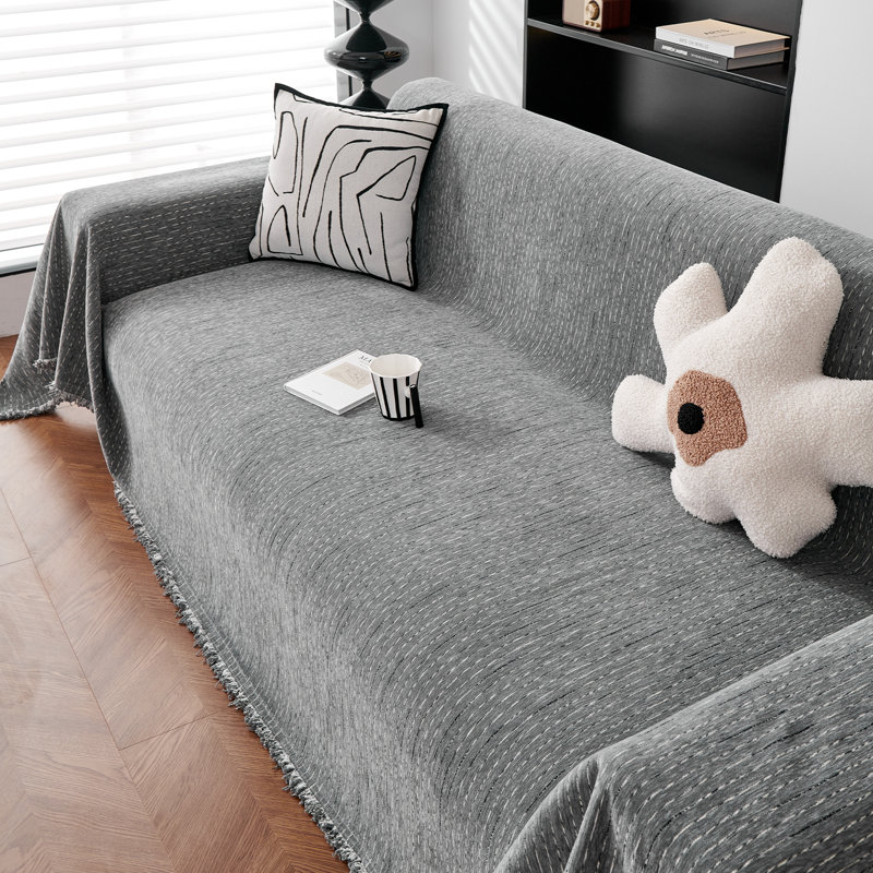 Housse pour canapé à rayures fines multicolores en chenille classique, Gris chenille, H 71 po x l 150 po x P 0,1 po