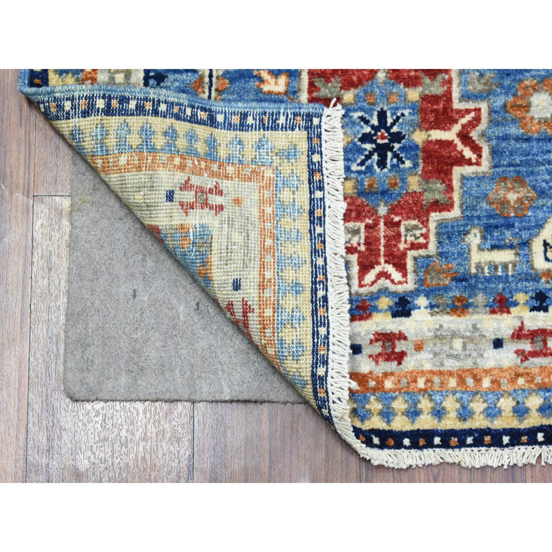 Tapis unique en laine noué à la main 4 pi x 5 pi 10 po nouvel âge en bleu clair / rouge / ivoire Tameya