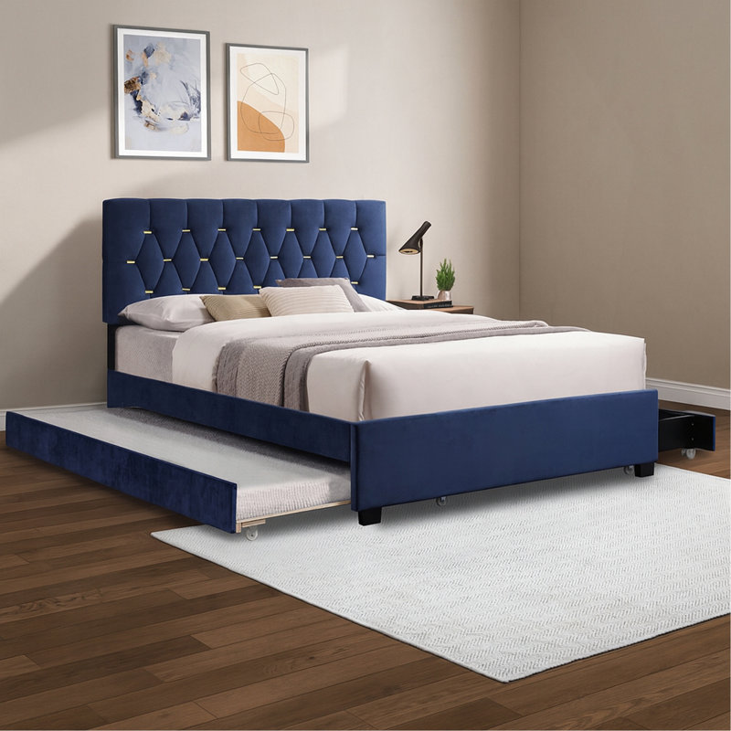 Grand lit moderne en velours avec lit gigogne double et 2 tiroirs de rangement - Bleu
