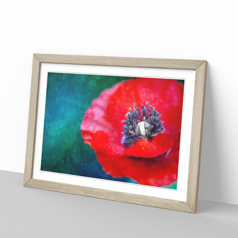 Eye of a Red Poppy Flower - Picture Frame Graphic Art Print, 33cm H x 45cm W x 2cm D, Oak Framed