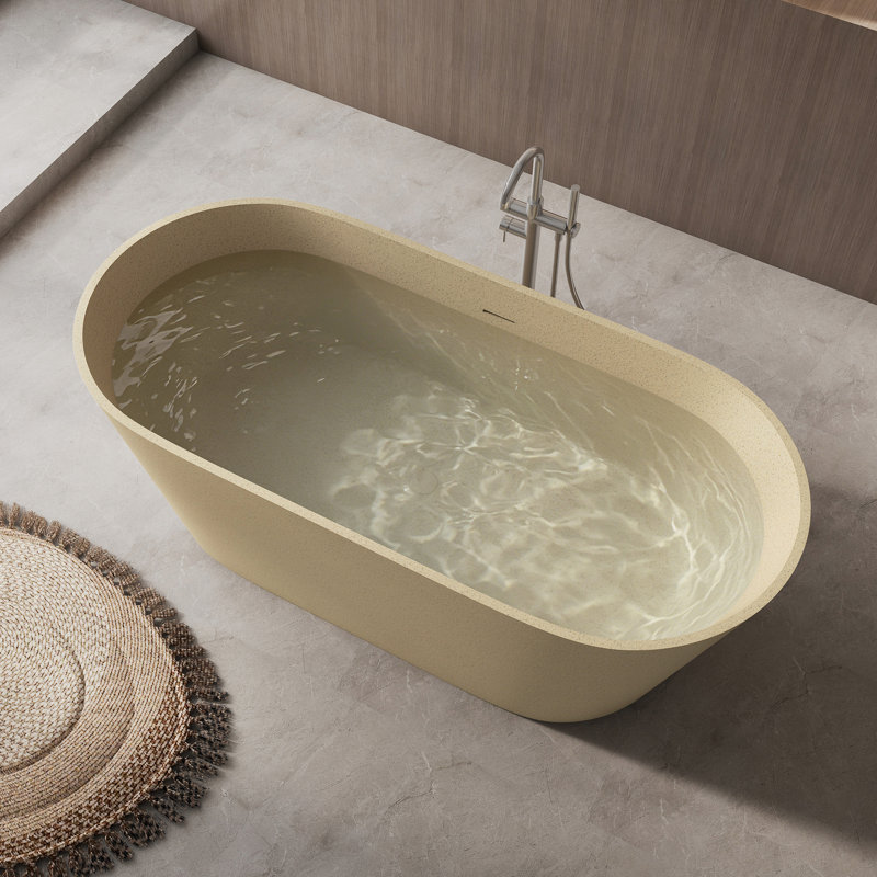 Baignoire de trempage autoportante de 63 po à surface solide, baignoire en terrazzo beige mat avec bonde centrale