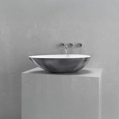 Vast Studio 23.4” L x  13.8” W Aged Silver/White Oval Concrete Vessel Sink – Modern Matte Finish, Countertop Bathroom Basin for Luxury Spa & Contemporary Homes