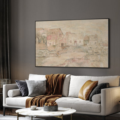 Extra Large Wall Art Fabric Print - Vintage Village Scene Rustic Countryside in Soft Neutral Tones Artwork Decor for Living Room or Bedroom - "Frame Assembly Required (Unfinished Frame)"