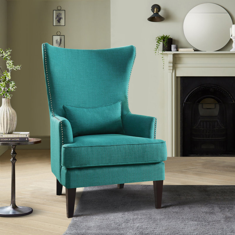 Fauteuil à oreilles en polyester 34 po Rheit, Polyester bleu sarcelle