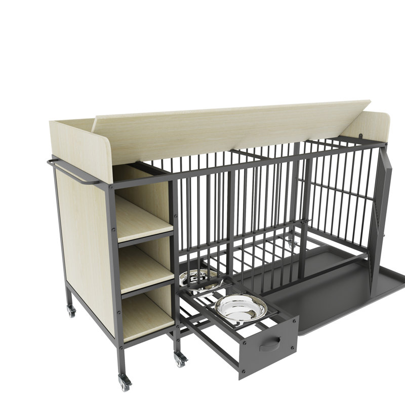 Grande cage pour animaux de compagnie avec support de rangement, tiroirs avec bac à nourriture et à eau en acier inoxydable, structure en fer et matériau en bois aggloméré, robuste, exquis et pratique
