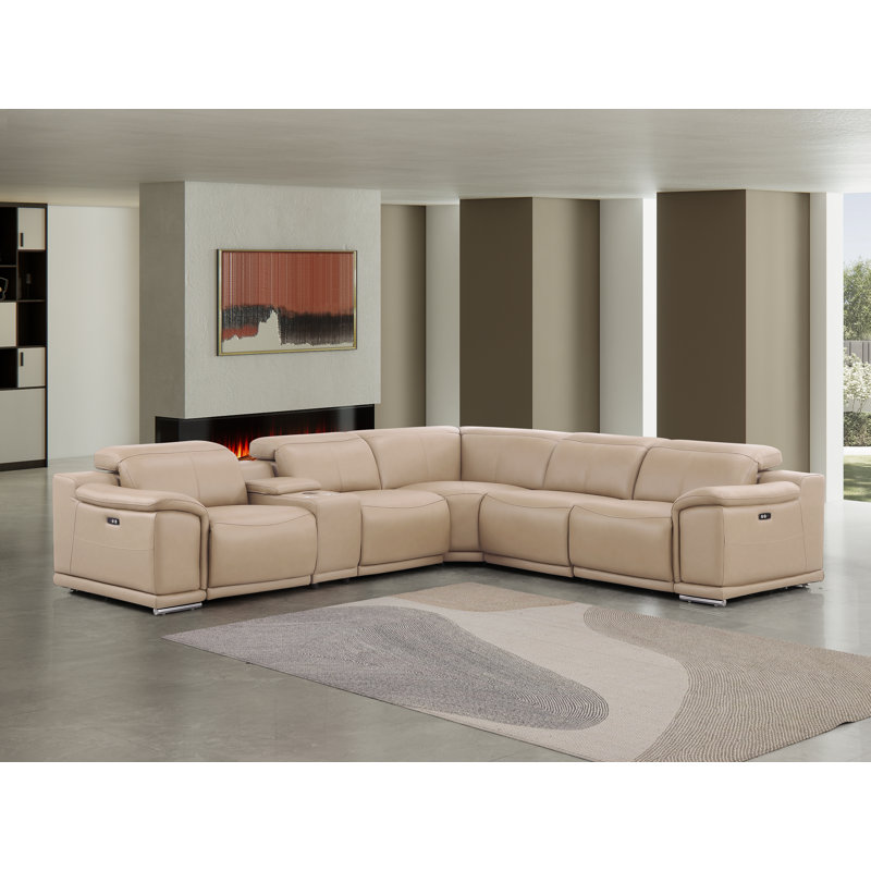 6-Piece L-Shaped Power Reclining Sectional In Genuine Leather – 3 Recliners, Beige Top Grain Leather