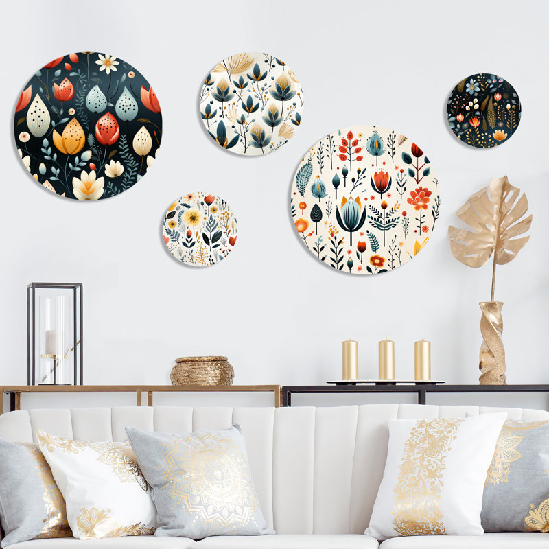 Scandinavian Botanical Collage V - ensemble d'art mural rond floral bohémien de 5