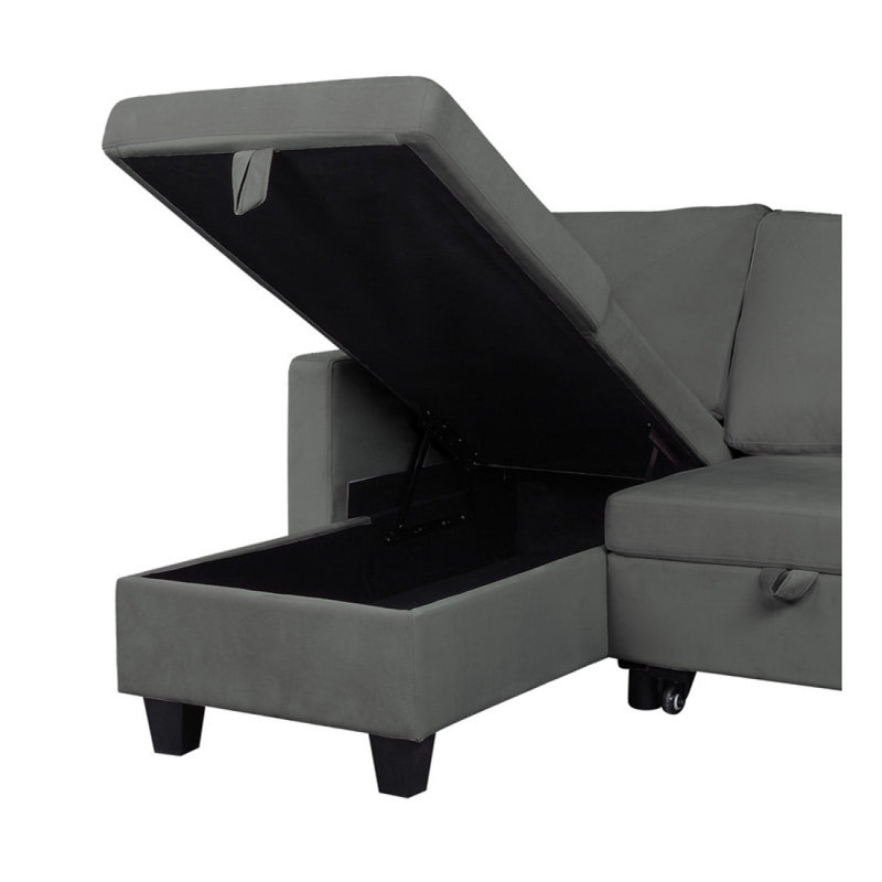 Modern Sofa Nova 82.5" Velvet Reversible Sleeper Sectional Sofa With Storage Chaise, Dark Gray