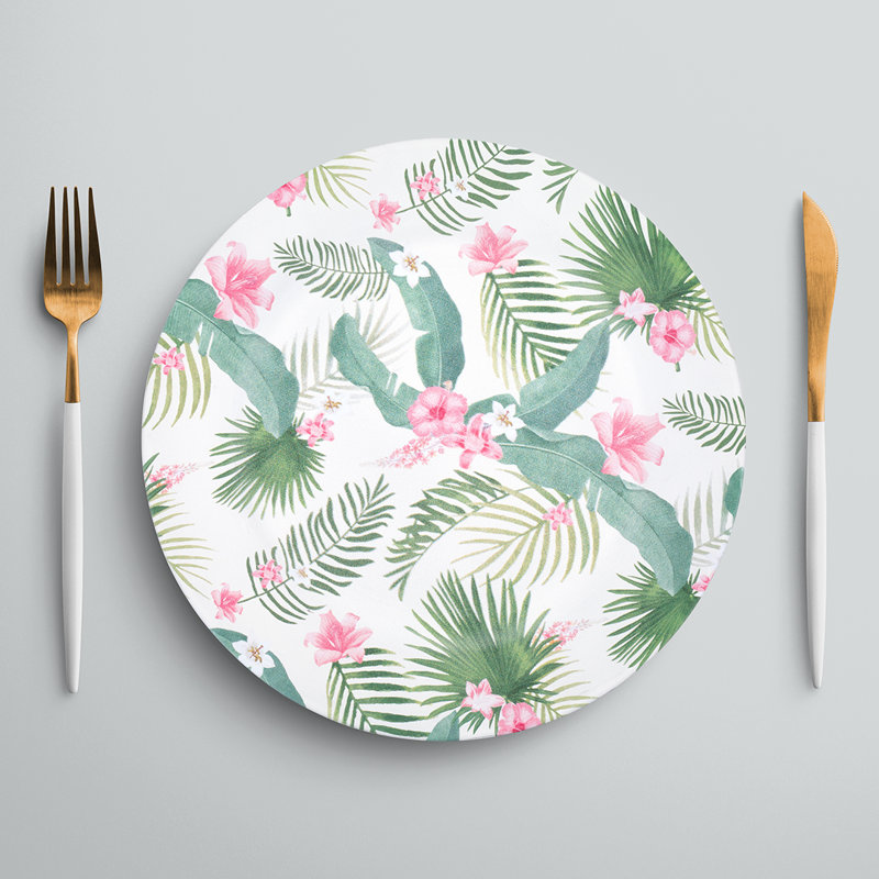 Tropical Hibiscus Leaves Round Acrylic Charger Plates, Set of 4