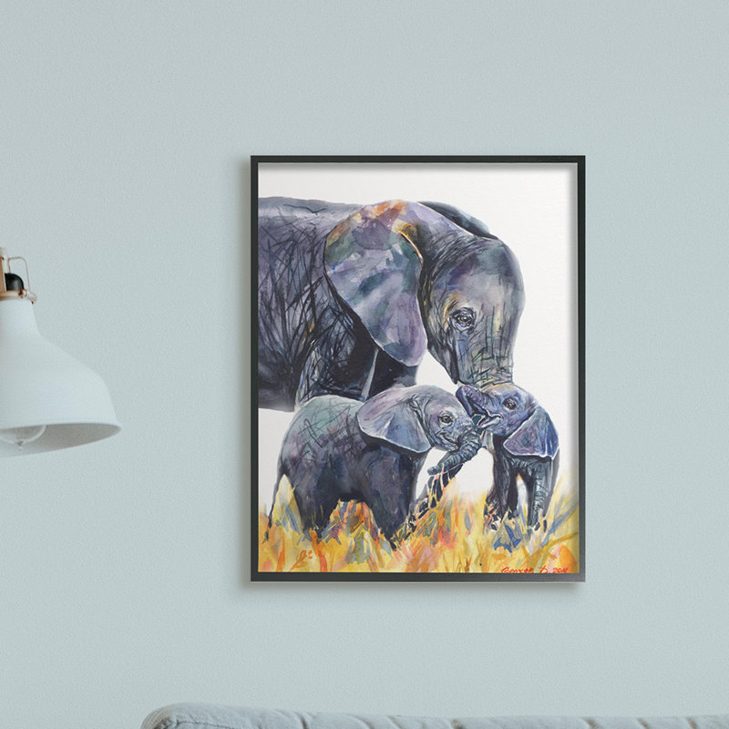 Famille d'éléphants dans une grande herbe jaune avec animaux de safari, H 30 po x l 24 po x P 1,5 po, Toile tendue