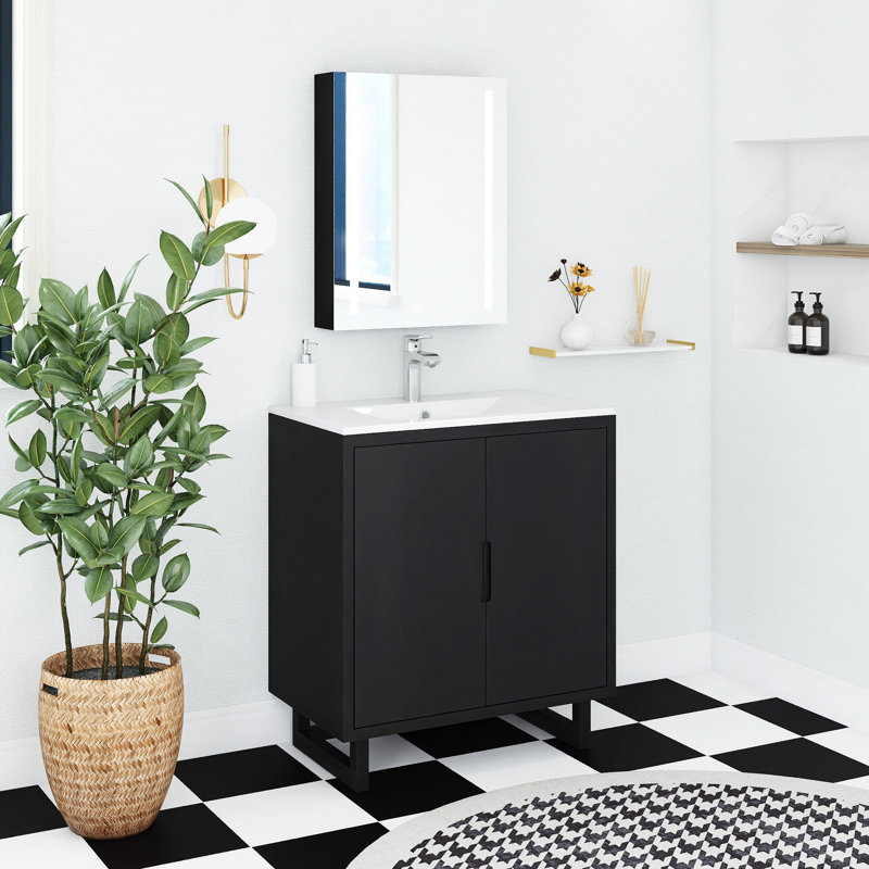 30 po Meuble-lavabo autoportant noir avec plateau en résine blanche non assemblé