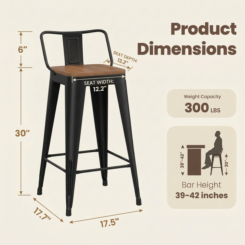 Saleh Counter Stool with Steel Frame, Matte Black, Bar Stool (30" Seat Height)