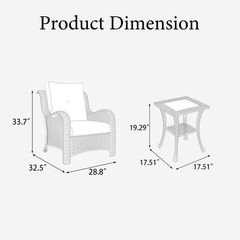 LayinSun 3 Pieces Wicker Rattan Patio Chairs Set With Side Table, Black Frame/Navy Cushion