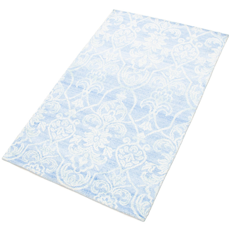 Tapis unique en viscose noué à la main des années 2010 de 4 pi 11 po x 7 pi 9 po bleu clair Quannell