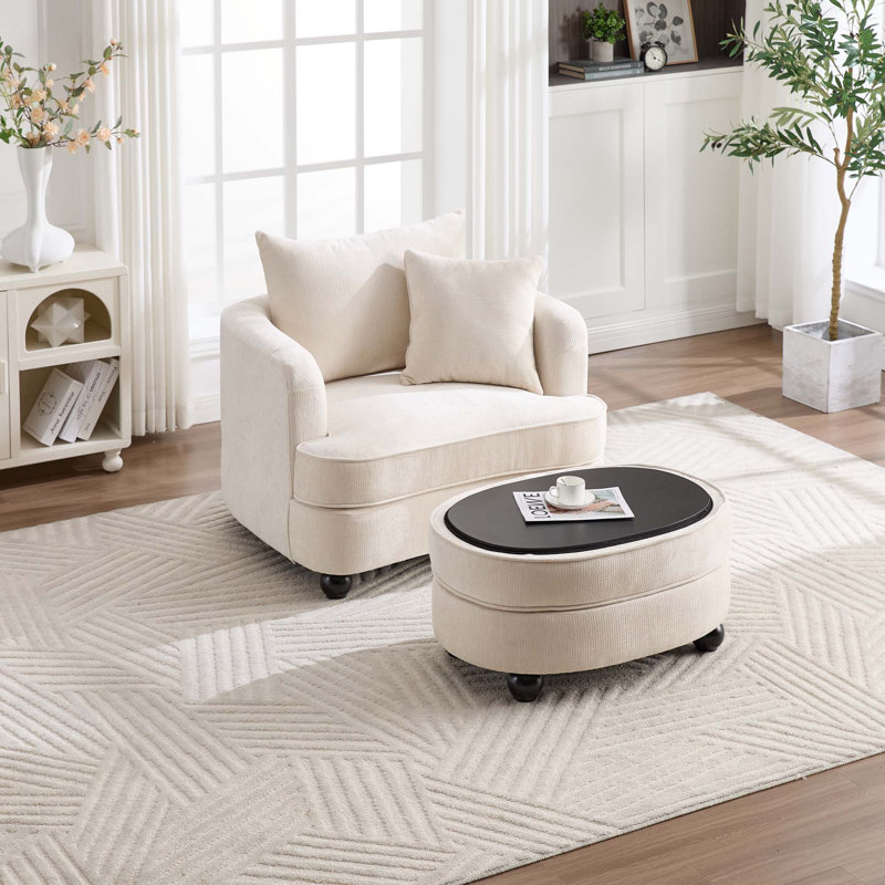 Fauteuil d'appoint 40,2 po en chenille moderne, fauteuil de lecture confortable avec repose-pieds avec rangement, Beige