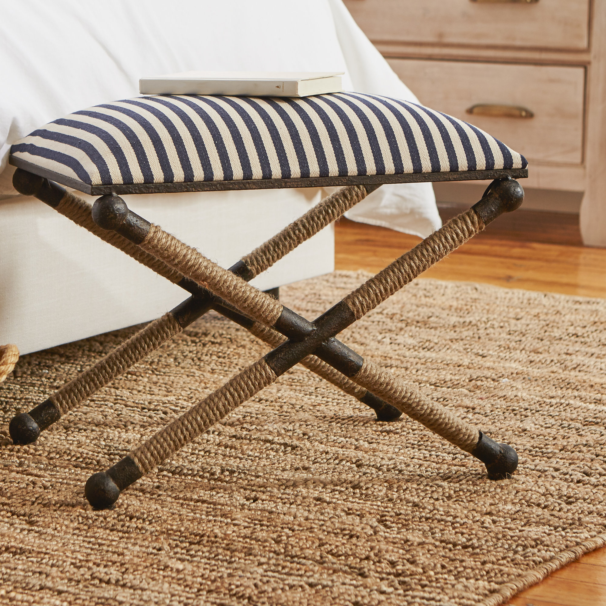 Cherise Accent Stool, Navy/White/Brown