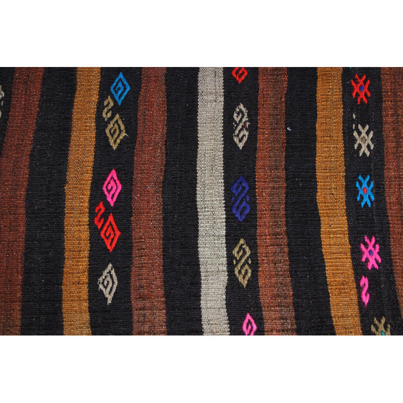 Antique Turkish Kilim Runner Rug in Black and Striped Oushak Design for Stairs or Home Decor with a Chic Bohemian Vibe