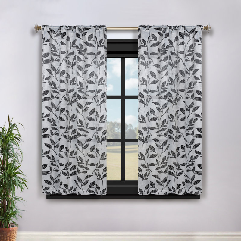  Modern Bohemian Leaves Pattern 100% Polyester Machine Washable Room Darkening Blackout Curtains, Silver/Black, 26" W x 63" L