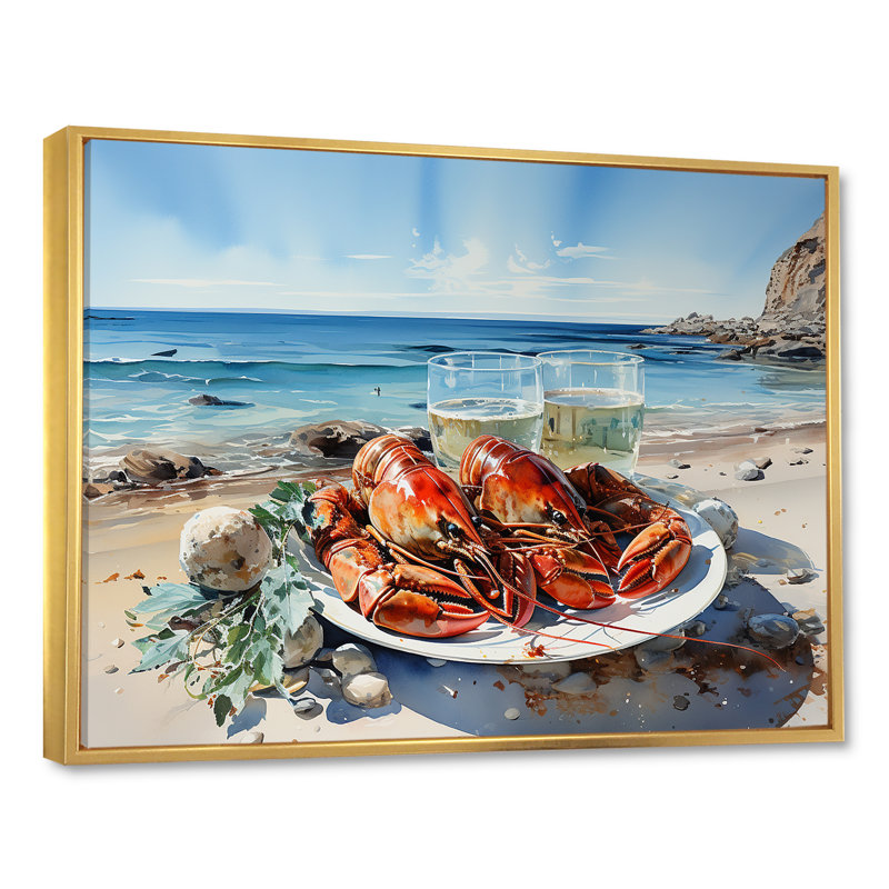 Assiette plate homard avec vue sur l'océan, H 34 po x l 44 po x P 1,5 po, Cadre flottant doré