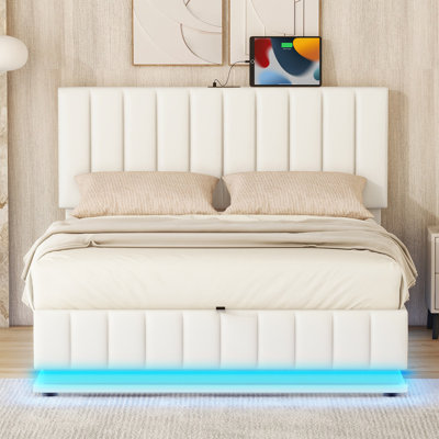 Size Upholstered Bed With Hydraulic Storage System And LED Light, Modern Platform Bed With Sockets And USB Ports,