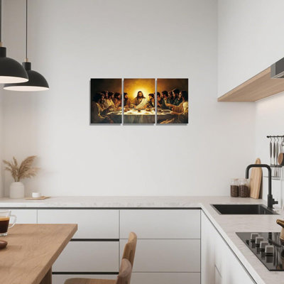 Jesus Last Supper Wall Art 3 Piece Christian Wall Decor Jesus Pictures Bible Verse Painting Canvas Prints Religious Christian Posters For Living Room (Gold,16W X24l X3)