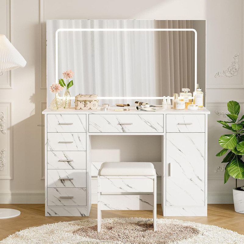 Bureau de coiffeuse avec grand miroir et prise de courant, coiffeuse de maquillage avec 7 tiroirs, tabouret rembourré et lumières réglables, coiffeuse avec support pour sèche-cheveux